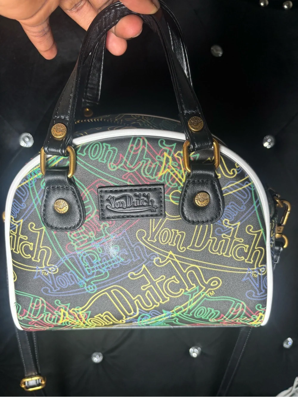 Von Dutch Black Satchel with Multicolor Logo Print